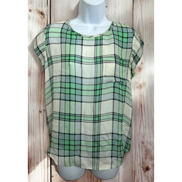 Joie Green Plaid Blouse Sz Small 100% Silk Green Cap Sleeve Top Round Hem - Picture 1 of 6